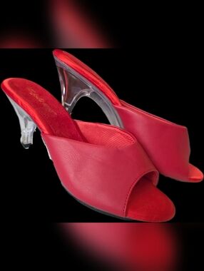 Fabulicious Pleaser Red Open-Toe Mule Heels with Clear Lucite Heel